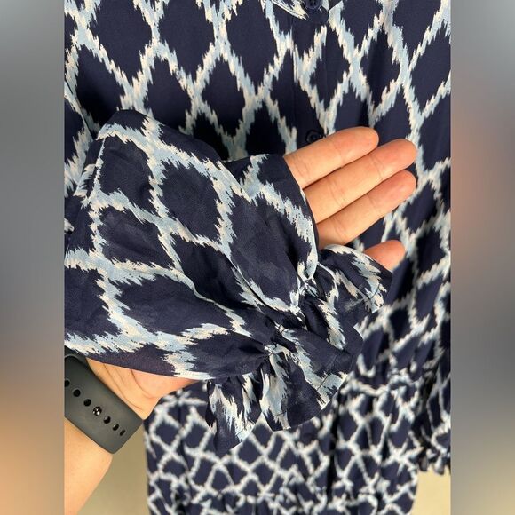 Michael Kors Ikat-Print Tiered Shirtdress midi dress size 12 blue large breasts - Picture 6 of 9
